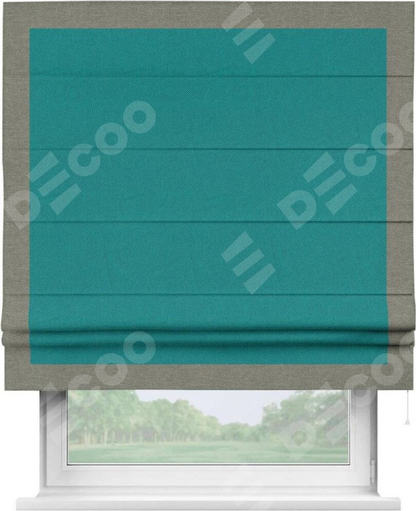 Римская штора «Кортин» с кантом Чесс, для проема, ткань лён димаут, тёмно-бирюзовый