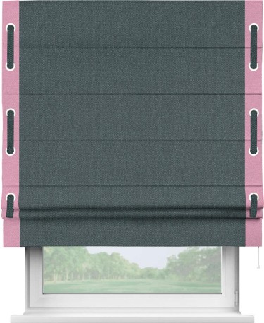 Римская штора «Кортин» с кантом Стрим Дуо (люверсы с пояском), для проема, ткань лён димаут, серо-синий