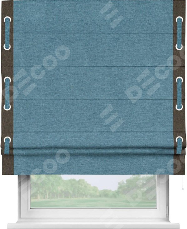 Римская штора «Кортин» с кантом Стрим Дуо (люверсы с пояском), для проема, ткань лён голубой