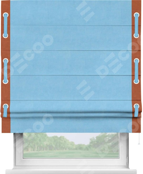 Римская штора «Кортин» с кантом Стрим Дуо (люверсы с пояском), для проема, ткань вельвет голубой