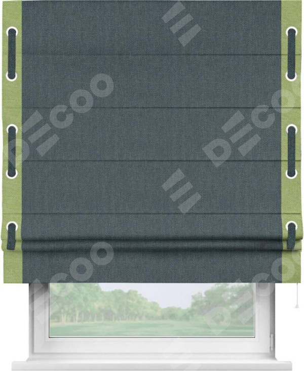 Римская штора «Кортин» с кантом Стрим Дуо (люверсы с пояском), для проема, ткань лён димаут, серо-синий