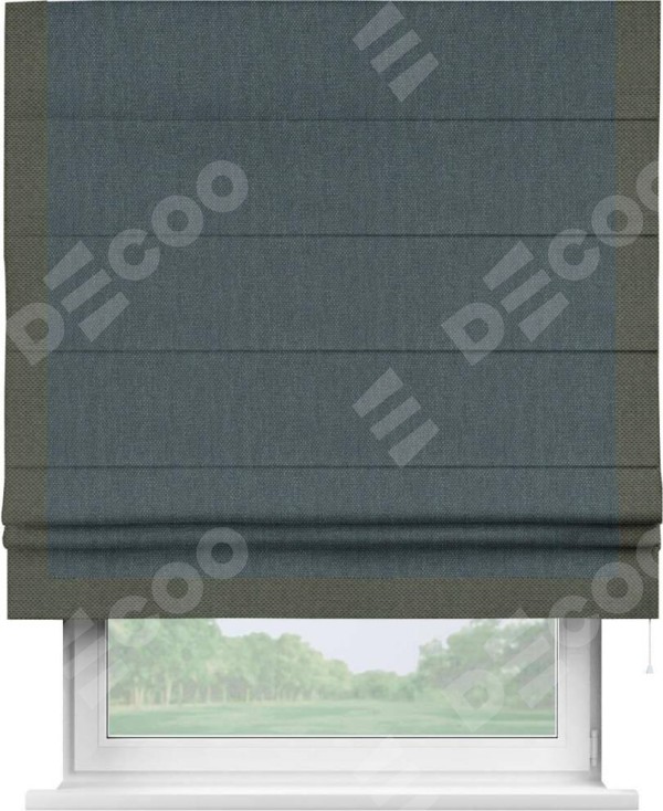 Римская штора «Кортин» с кантом Виктория, для проема, ткань лён димаут, серо-синий