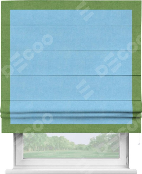 Римская штора «Кортин» с кантом Чесс, для проема, ткань вельвет голубой