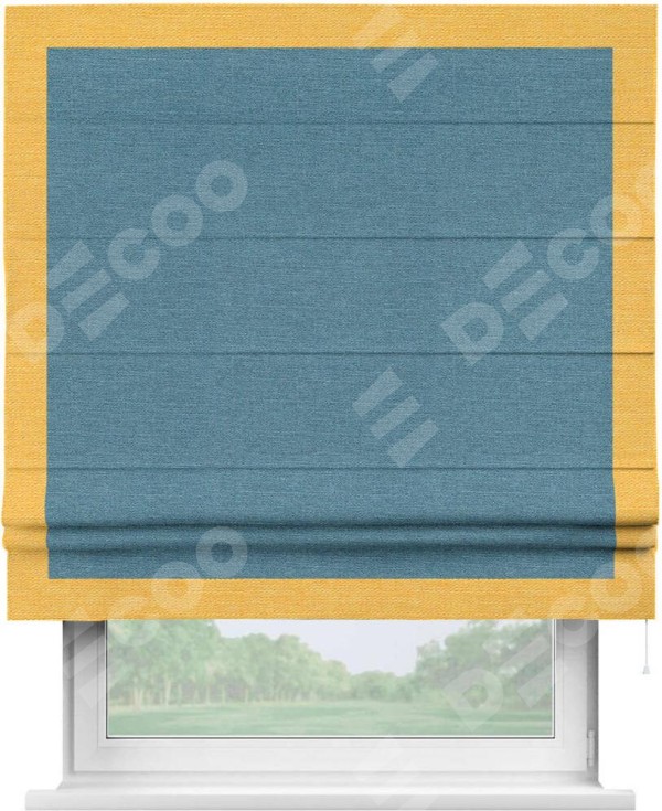 Римская штора «Кортин» с кантом Чесс, для проема, ткань лён голубой