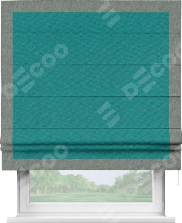 Римская штора «Кортин» с кантом Чесс, для проема, ткань лён димаут, тёмно-бирюзовый
