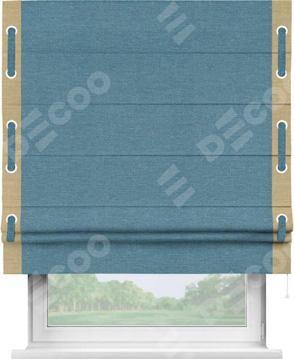 Римская штора «Кортин» с кантом Стрим Дуо (люверсы с пояском), для проема, ткань лён голубой