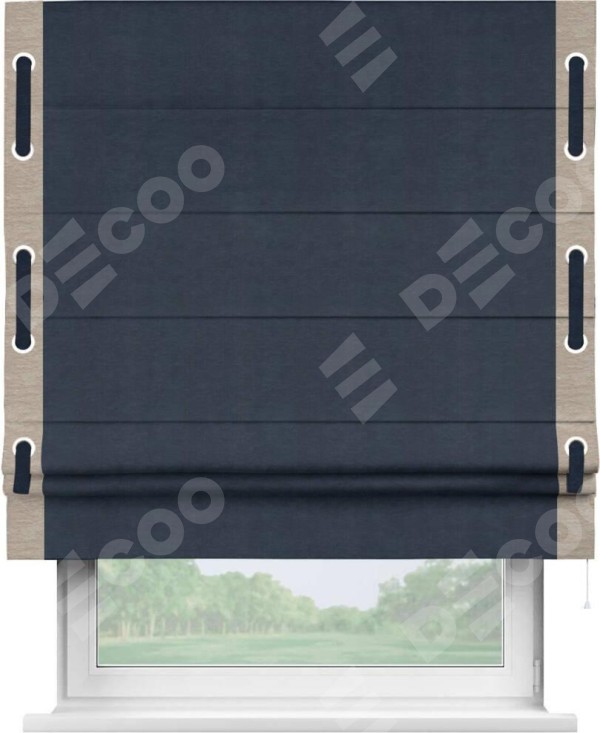 Римская штора «Кортин» с кантом Стрим Дуо (люверсы с пояском), для проема, ткань софт однотонный тёмно-синий