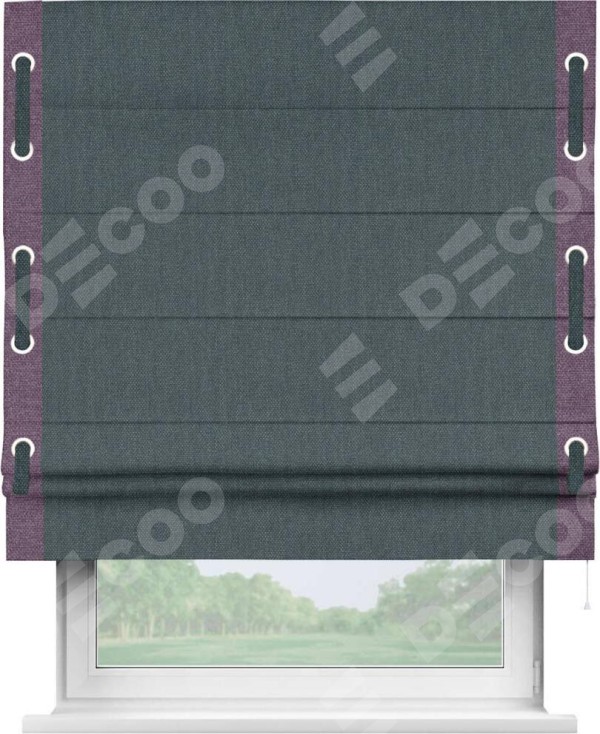 Римская штора «Кортин» с кантом Стрим Дуо (люверсы с пояском), для проема, ткань лён димаут, серо-синий