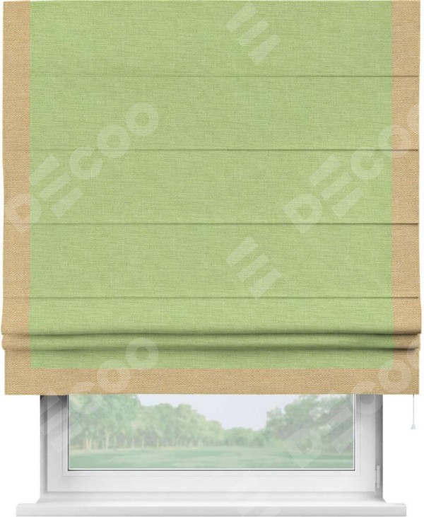 Римская штора «Кортин» с кантом Виктория, для проема, ткань лён зеленый