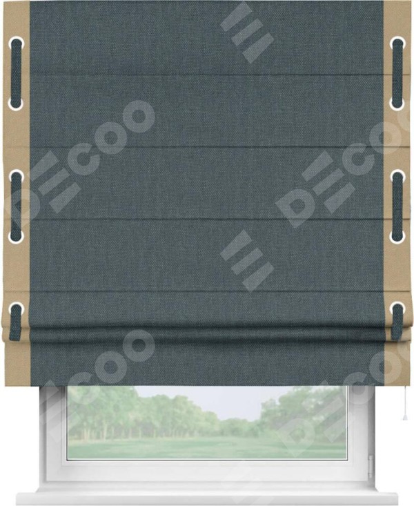 Римская штора «Кортин» с кантом Стрим Дуо (люверсы с пояском), для проема, ткань лён димаут, серо-синий