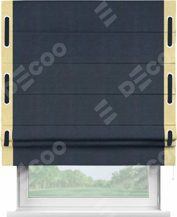 Римская штора «Кортин» с кантом Стрим Дуо (люверсы с пояском), для проема, ткань софт однотонный тёмно-синий