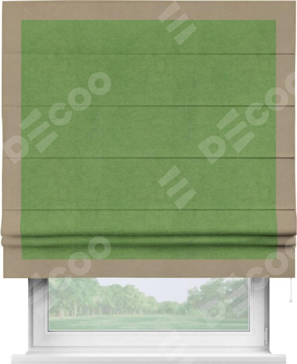 Римская штора «Кортин» с кантом Чесс, для проема, ткань вельвет салатовый