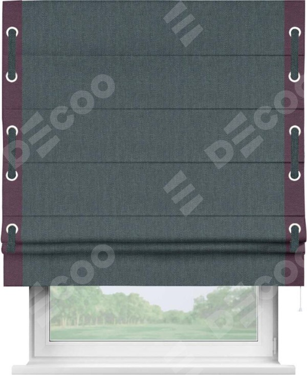 Римская штора «Кортин» с кантом Стрим Дуо (люверсы с пояском), для проема, ткань лён димаут, серо-синий