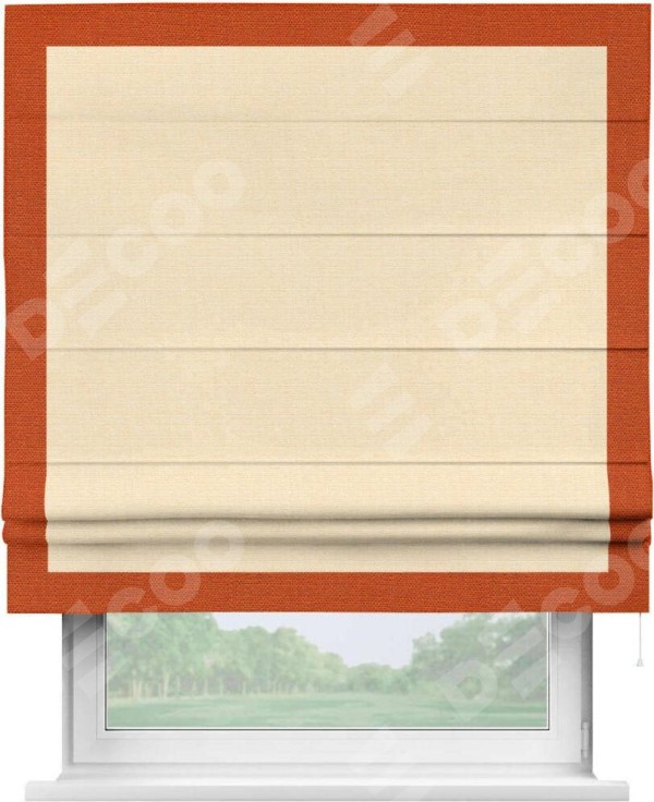 Римская штора «Кортин» с кантом Чесс, для проема, выполнена в ткани лён бежевый