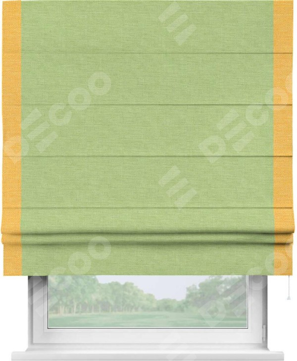 Римская штора «Кортин» с кантом Стрим Дуо, для проема, ткань лён зеленый