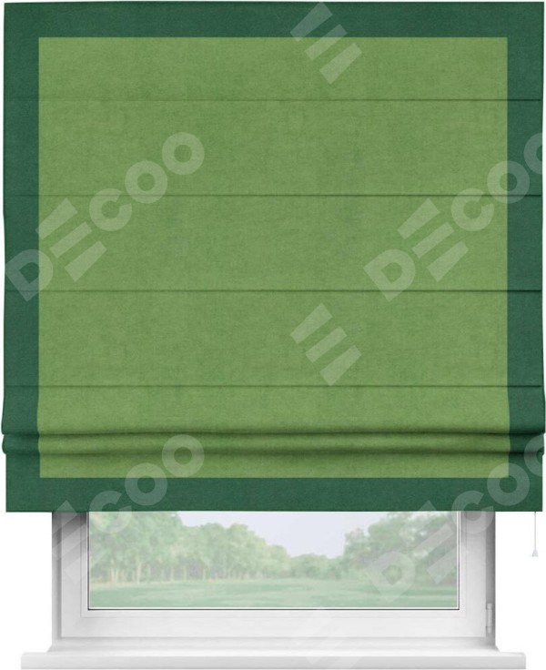 Римская штора «Кортин» с кантом Чесс, для проема, ткань вельвет салатовый