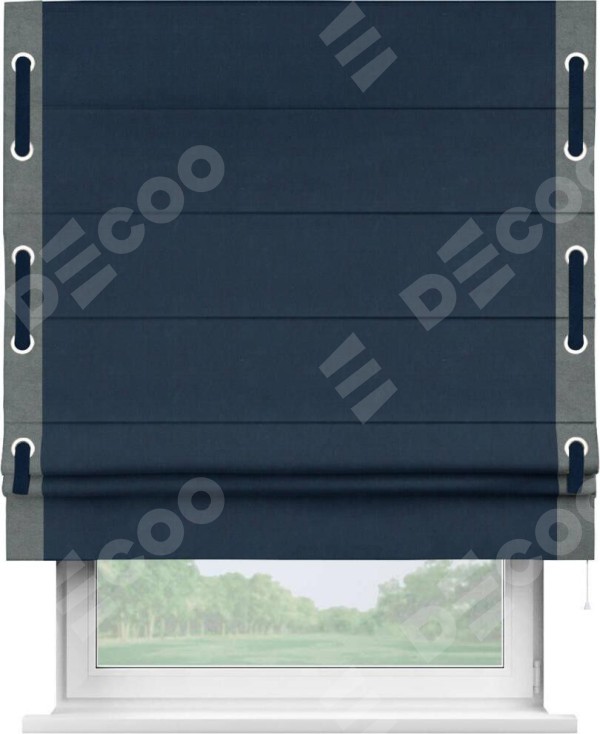 Римская штора «Кортин» с кантом Стрим Дуо (люверсы с пояском), для проема, ткань вельвет темно-синий