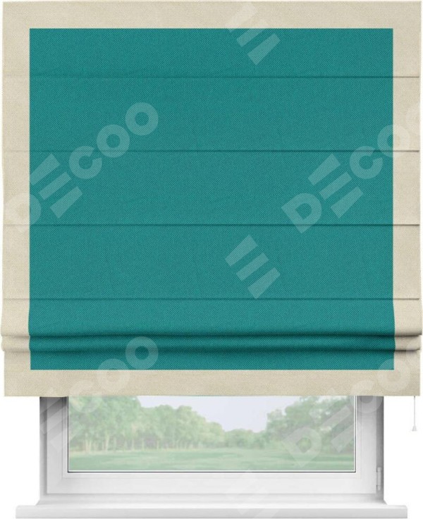 Римская штора «Кортин» с кантом Чесс, для проема, ткань лён димаут, тёмно-бирюзовый